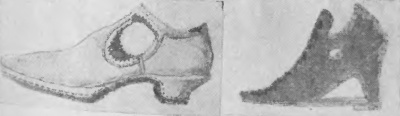 Барочные  туфли с «платформой» (слева) и «галоша», 17 в. (справа).